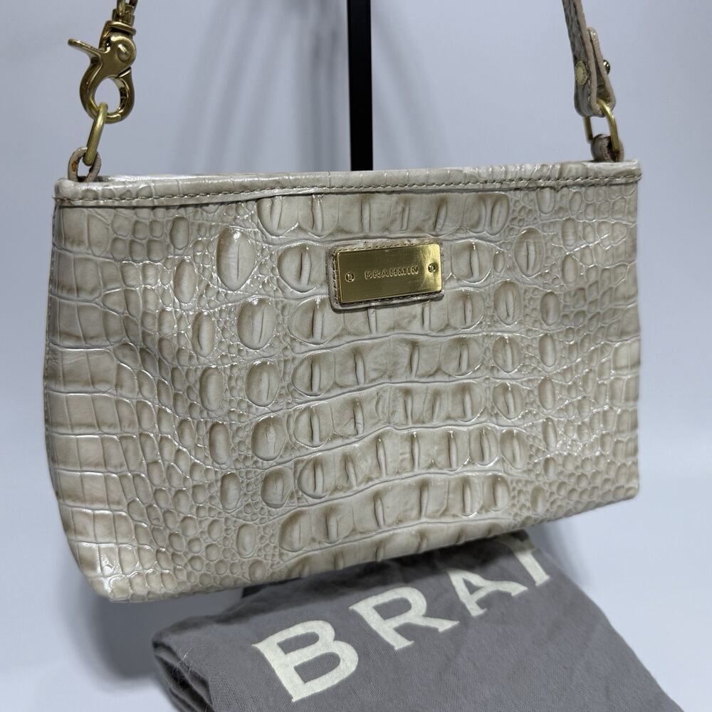 Brahmin Anytime Mini Cream White Croc Embossed Leather Shoulder Bag Purse 9.5"